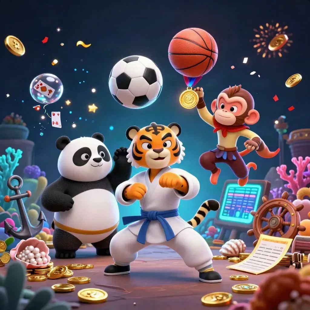 Kung-fu tiger, panda, and monkey amid treasure cove sports chaos and neon casino light