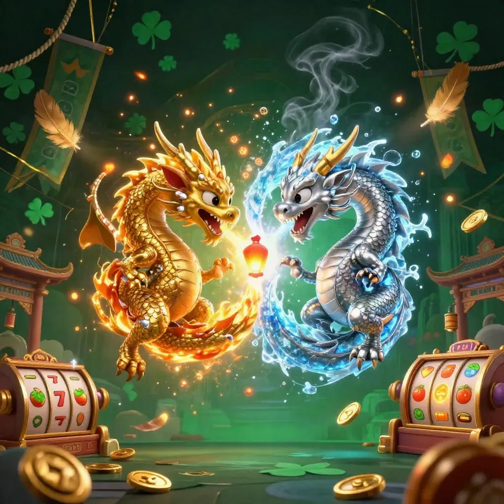 Gold and silver dragons spiral in neon casino magic with coins, reels, and an ancient temple gate.