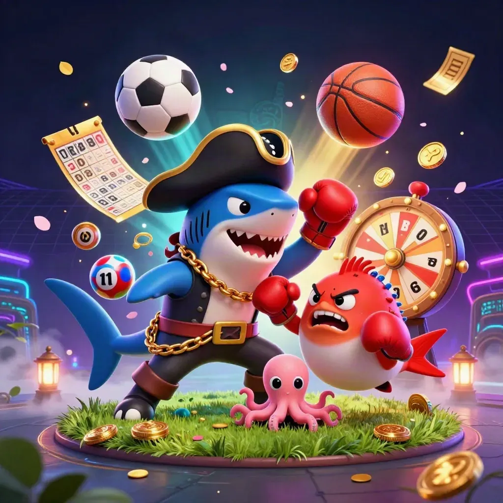 Pirate shark, pufferfish, and octopus amid casino sports chaos with balls, coins, and neon lights.