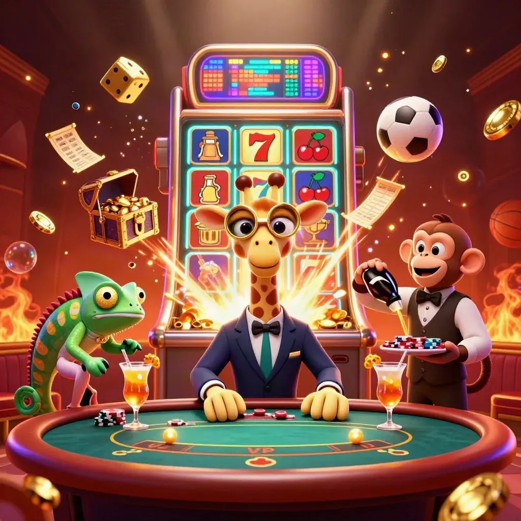 3D giraffe, monkey, and chameleon in a neon casino burst with slot reels, balls, dice, and gold.