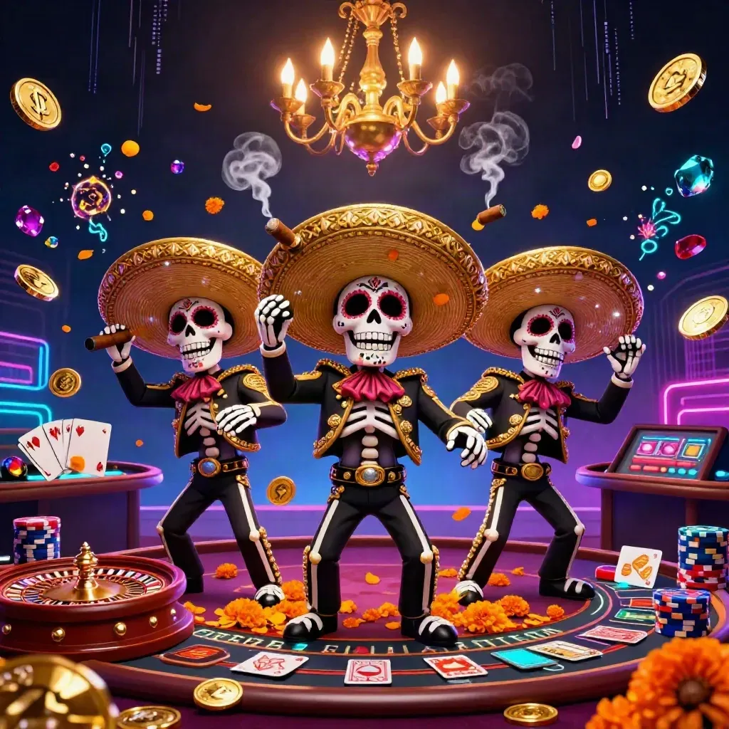 Day-of-the-Dead skeleton mariachi trio amid casino lights, coins, gems, and a spinning roulette wheel.