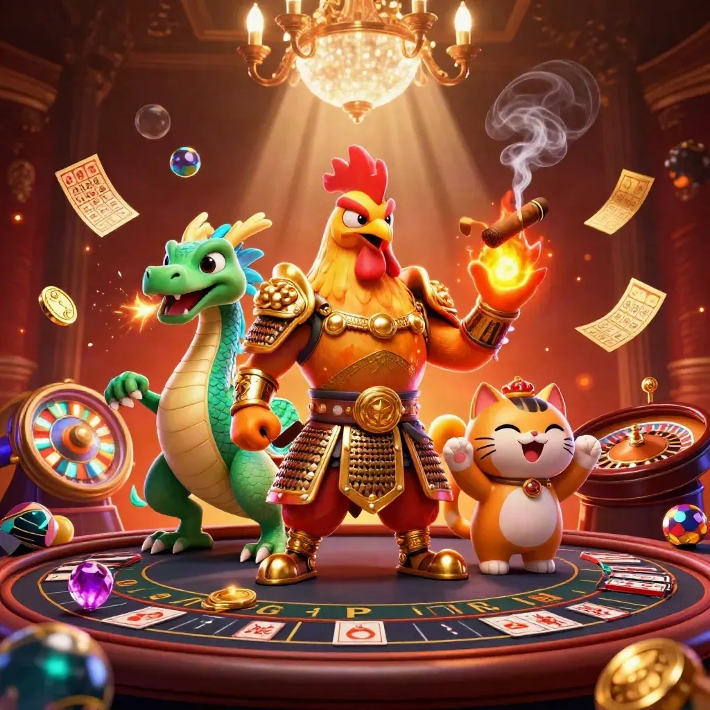 Rooster warrior, dragon hatchling, and fortune-cat in a glowing casino scene with spinning gaming props.