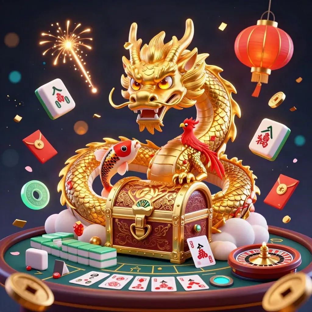 Golden dragon, phoenix and koi amid casino props, neon lights and navy-gold bokeh.