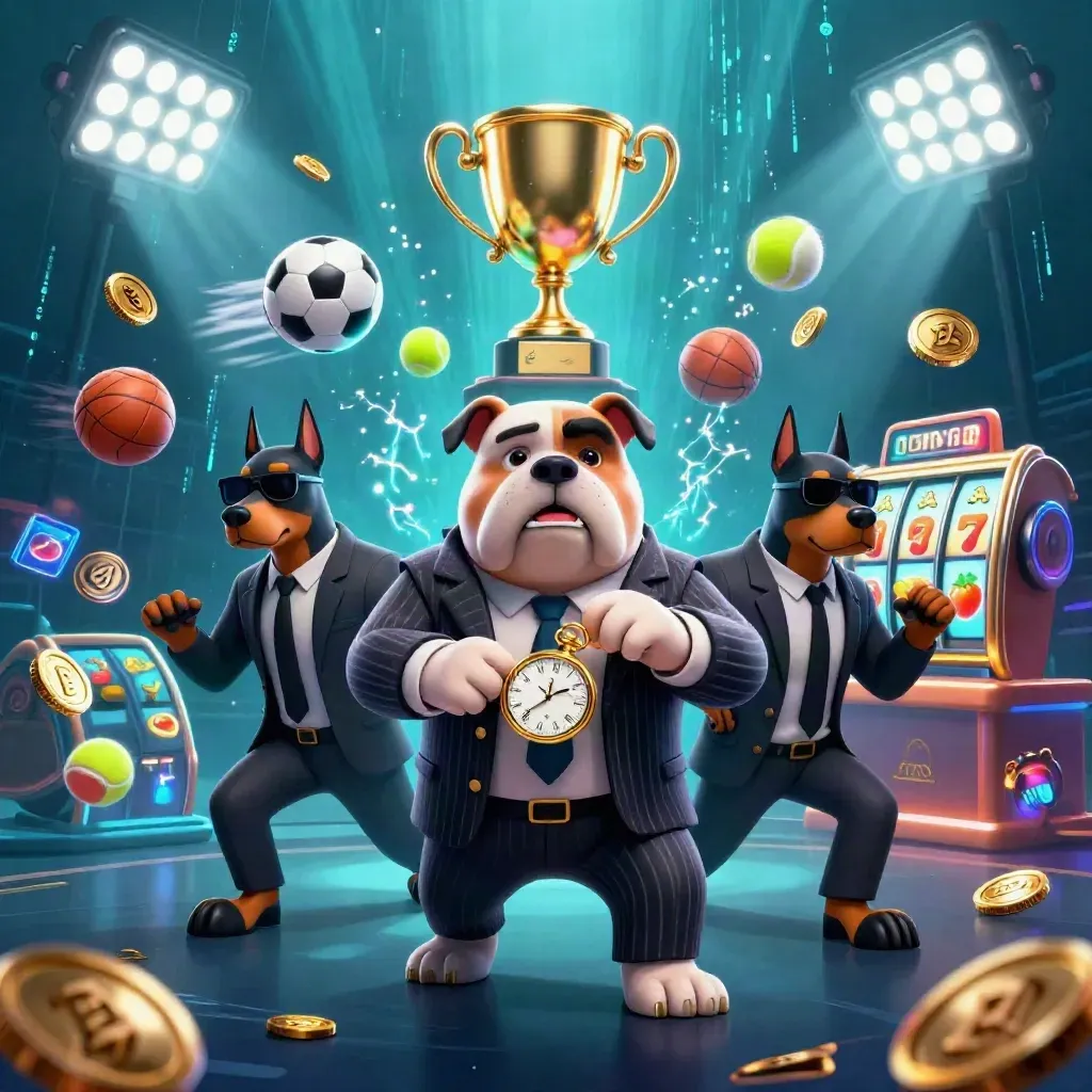 Cartoon mob bulldog and Dobermans amid sports balls, coins, trophy, reels and neon cyan underwater glow