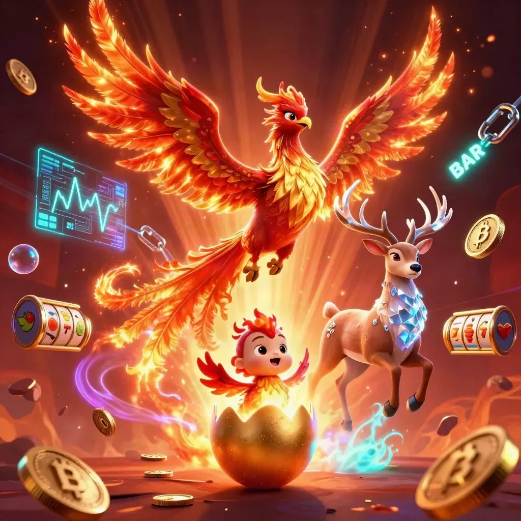 Phoenix, hatchling and crystal-antler stag amid neon coins and casino effects on a fiery splash screen