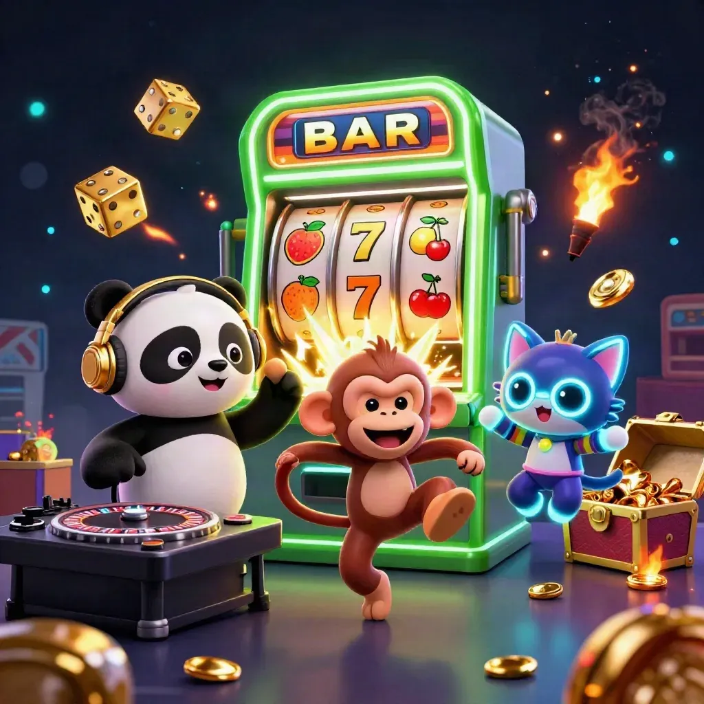 DJ panda, dancing monkey and rave kitten amid jackpot bursts, gold, lime and cyan glow.