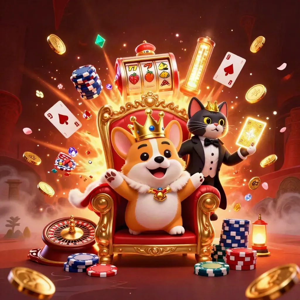 Royal corgi king and cat butler amid chips, coins, gems, roulette wheel and glowing casino effects.