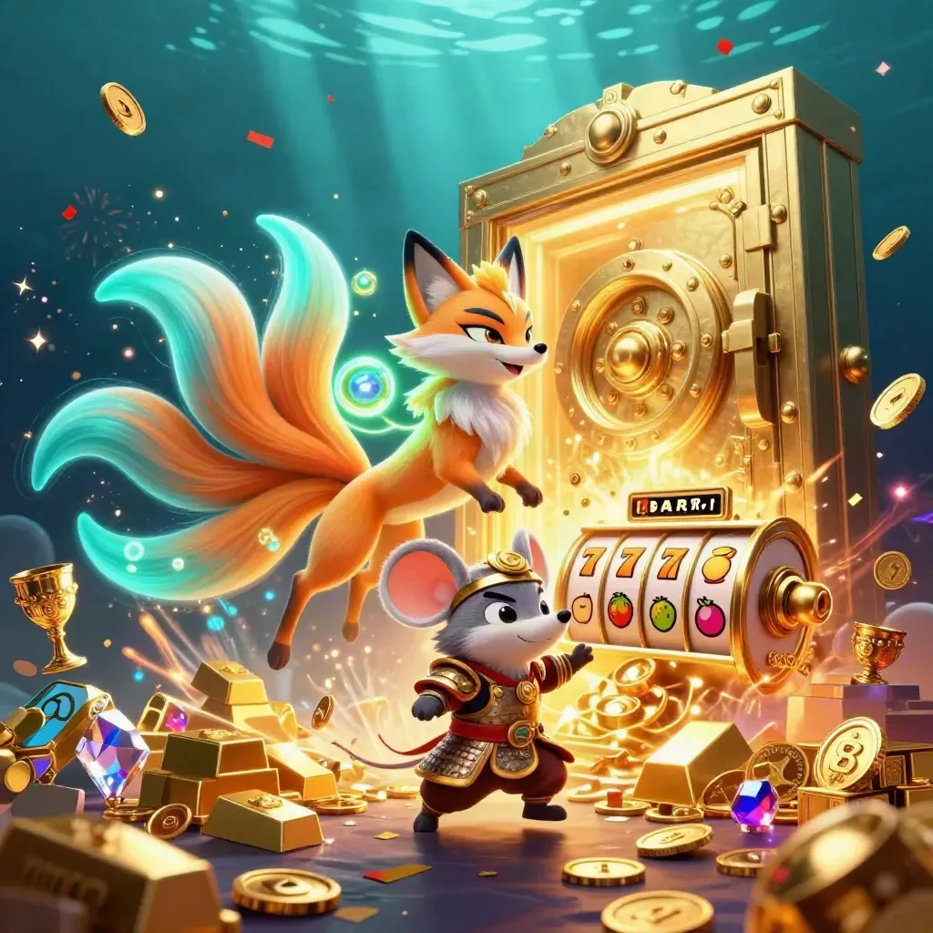 Fox spirit and samurai mouse burst from a golden vault with coins, gems, reels, and fireworks.