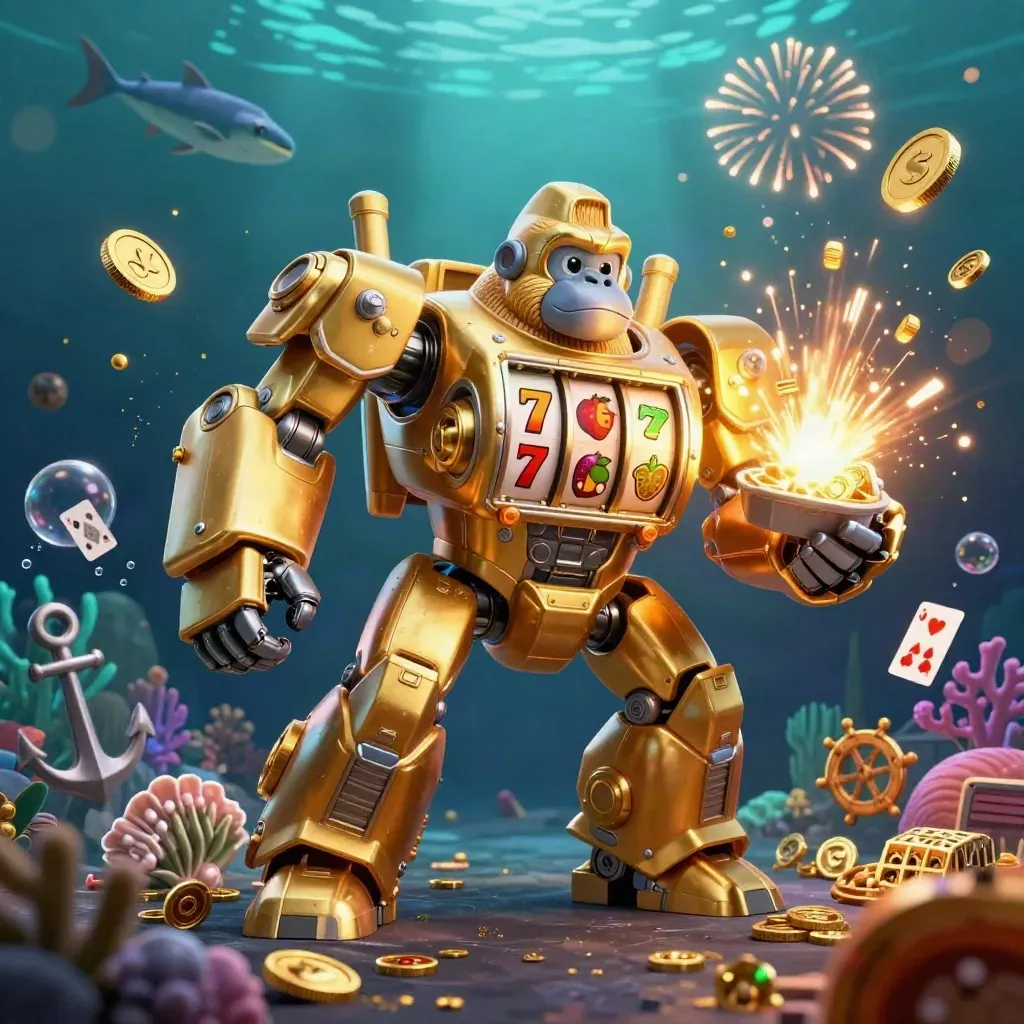 Golden gorilla mech with monkey pilot in an underwater coin burst, reels, coral, and fireworks.