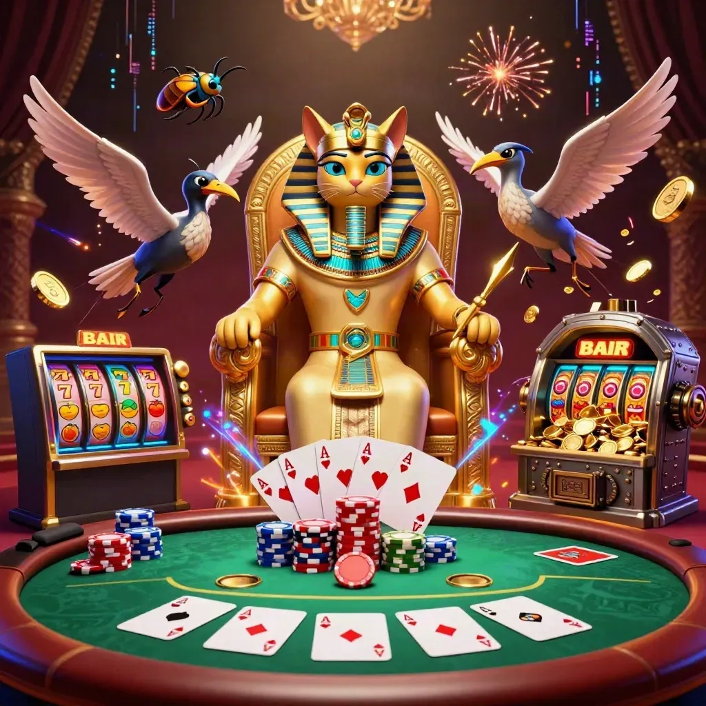 Pharaoh cat and ibis amid casino gold, chips, reels, coins, fireworks, and neon energy.