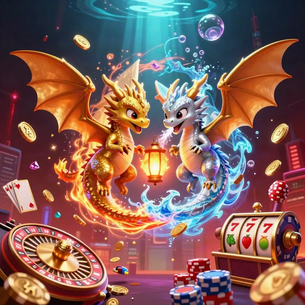 Gold and silver dragons spiral with coins, chips, reels, and neon casino energy.
