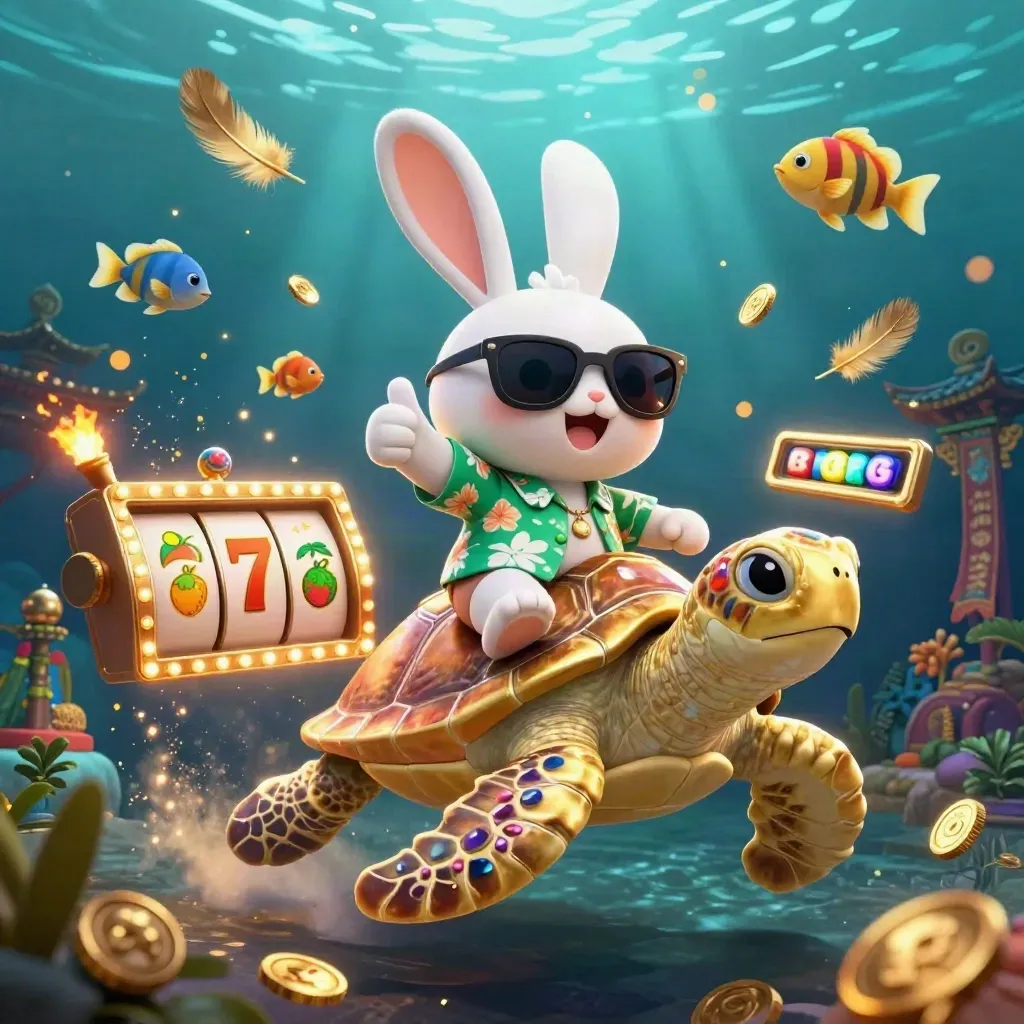 Lucky rabbit rides a gem-shell turtle through coins, reels, and temple ruins underwater.