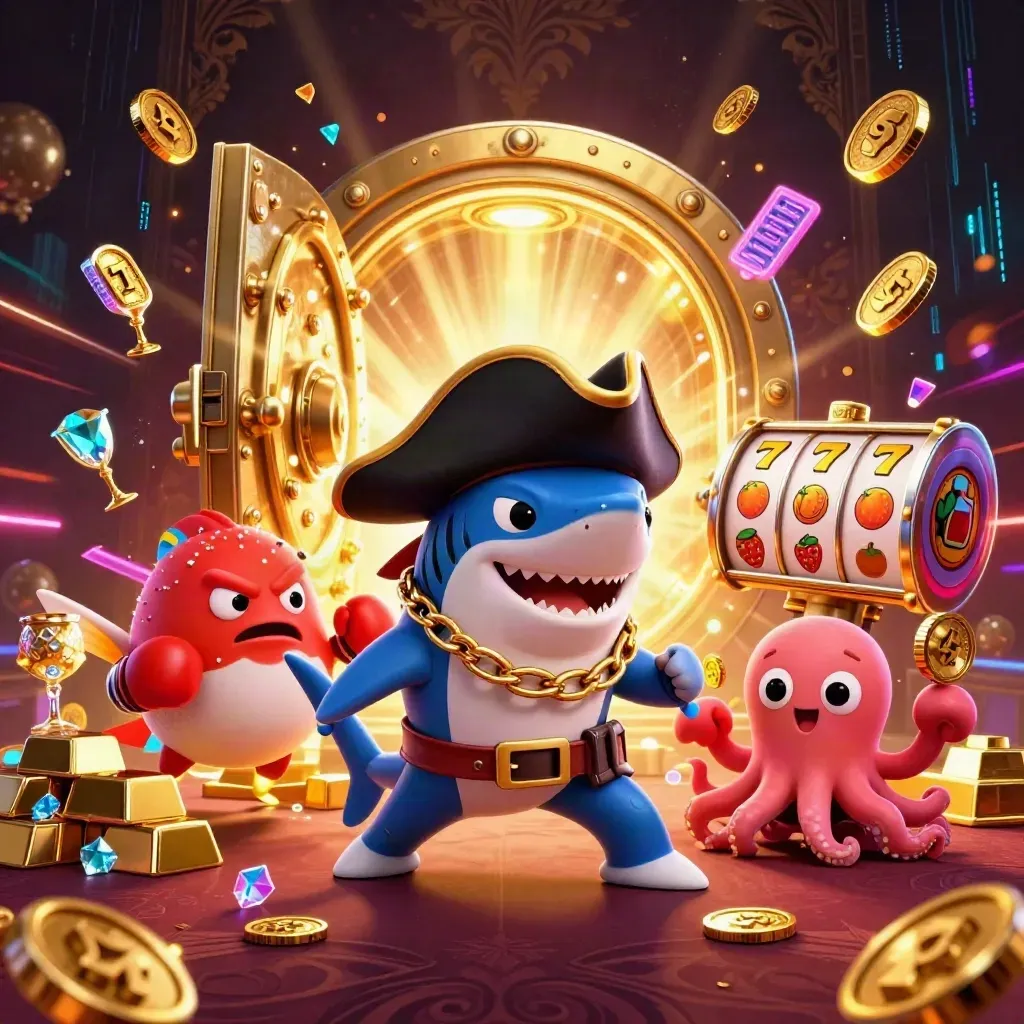 Pirate shark, boxing pufferfish, and coin-juggling octopus amid casino gold and neon energy
