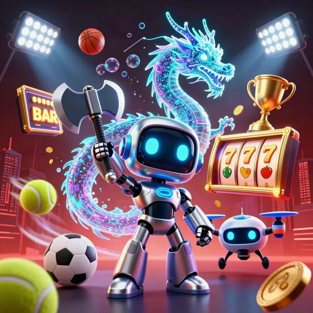 Robot, dragon, and coin drone with casino effects, trophies, balls, reels, and neon skyline.